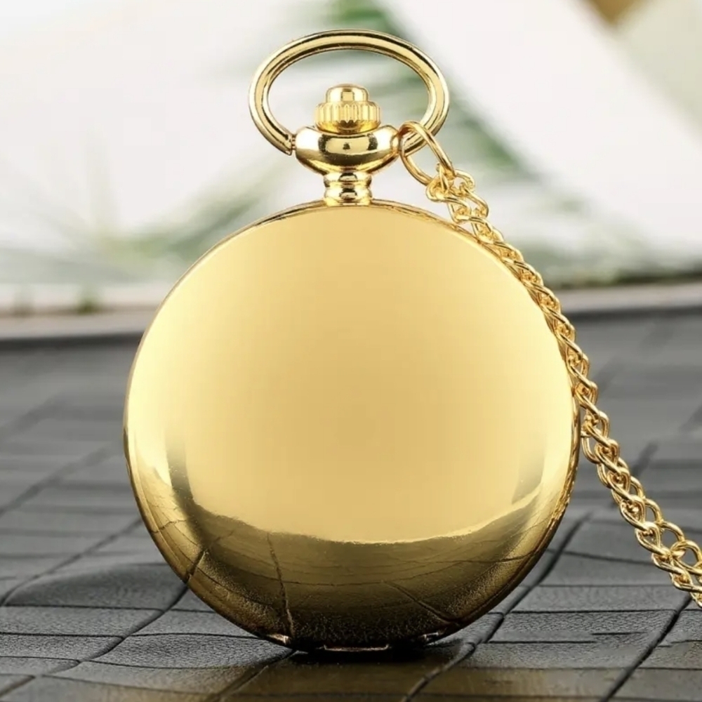 Vintage Style Pocket Watch Gold or Black Smooth Case Quartz Chain Included T2MIS